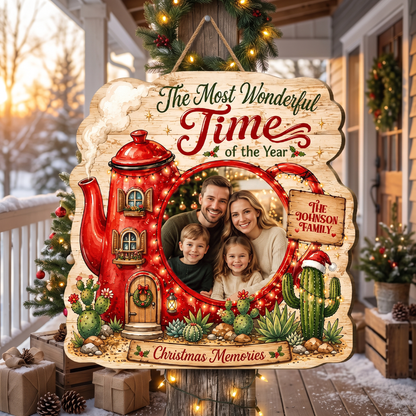 Personalized Christmas Teapot House Photo Custom Shape Wood Sign, Custom Family Picture Name The Most Wonderful Time Of The Year Wooden Hanging Plaque, Holiday Door & Wall Decor Family Gift