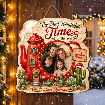 Personalized Christmas Teapot House Photo Custom Shape Wood Sign, Custom Family Picture Name The Most Wonderful Time Of The Year Wooden Hanging Plaque, Holiday Door & Wall Decor Family Gift