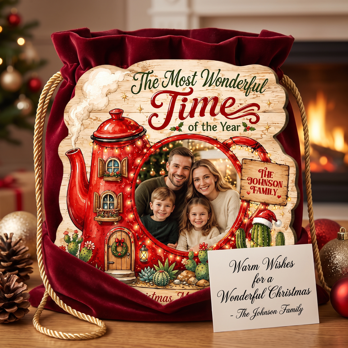 Personalized Christmas Teapot House Photo Custom Shape Wood Sign, Custom Family Picture Name The Most Wonderful Time Of The Year Wooden Hanging Plaque, Holiday Door & Wall Decor Family Gift