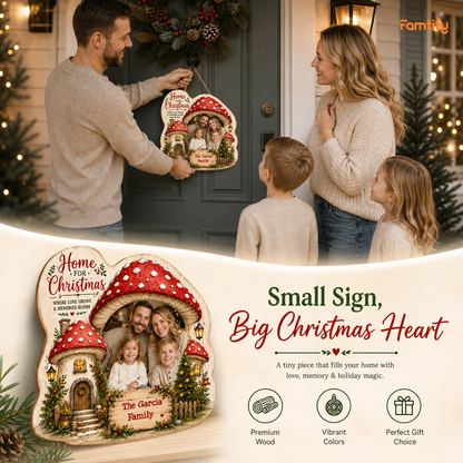 Personalized Mushroom House Photo Custom Shape Wood Sign, Custom Family Picture Name Home For Christmas Wooden Hanging Plaque, Festive Holiday Door & Wall Decor Family Gift