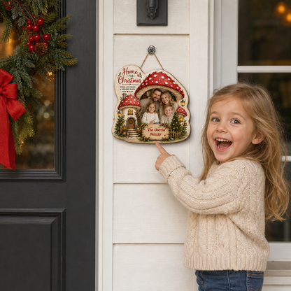 Personalized Mushroom House Photo Custom Shape Wood Sign, Custom Family Picture Name Home For Christmas Wooden Hanging Plaque, Festive Holiday Door & Wall Decor Family Gift