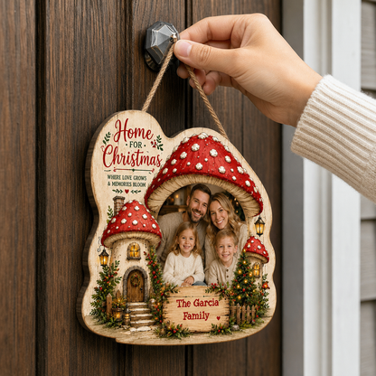 Personalized Mushroom House Photo Custom Shape Wood Sign, Custom Family Picture Name Home For Christmas Wooden Hanging Plaque, Festive Holiday Door & Wall Decor Family Gift