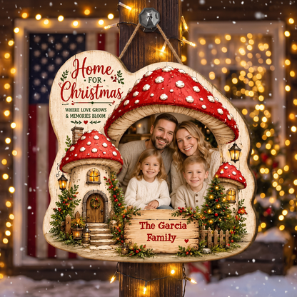 Personalized Mushroom House Photo Custom Shape Wood Sign, Custom Family Picture Name Home For Christmas Wooden Hanging Plaque, Festive Holiday Door & Wall Decor Family Gift