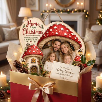 Personalized Mushroom House Photo Custom Shape Wood Sign, Custom Family Picture Name Home For Christmas Wooden Hanging Plaque, Festive Holiday Door & Wall Decor Family Gift
