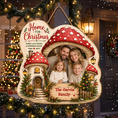 Personalized Mushroom House Photo Custom Shape Wood Sign, Custom Family Picture Name Home For Christmas Wooden Hanging Plaque, Festive Holiday Door & Wall Decor Family Gift