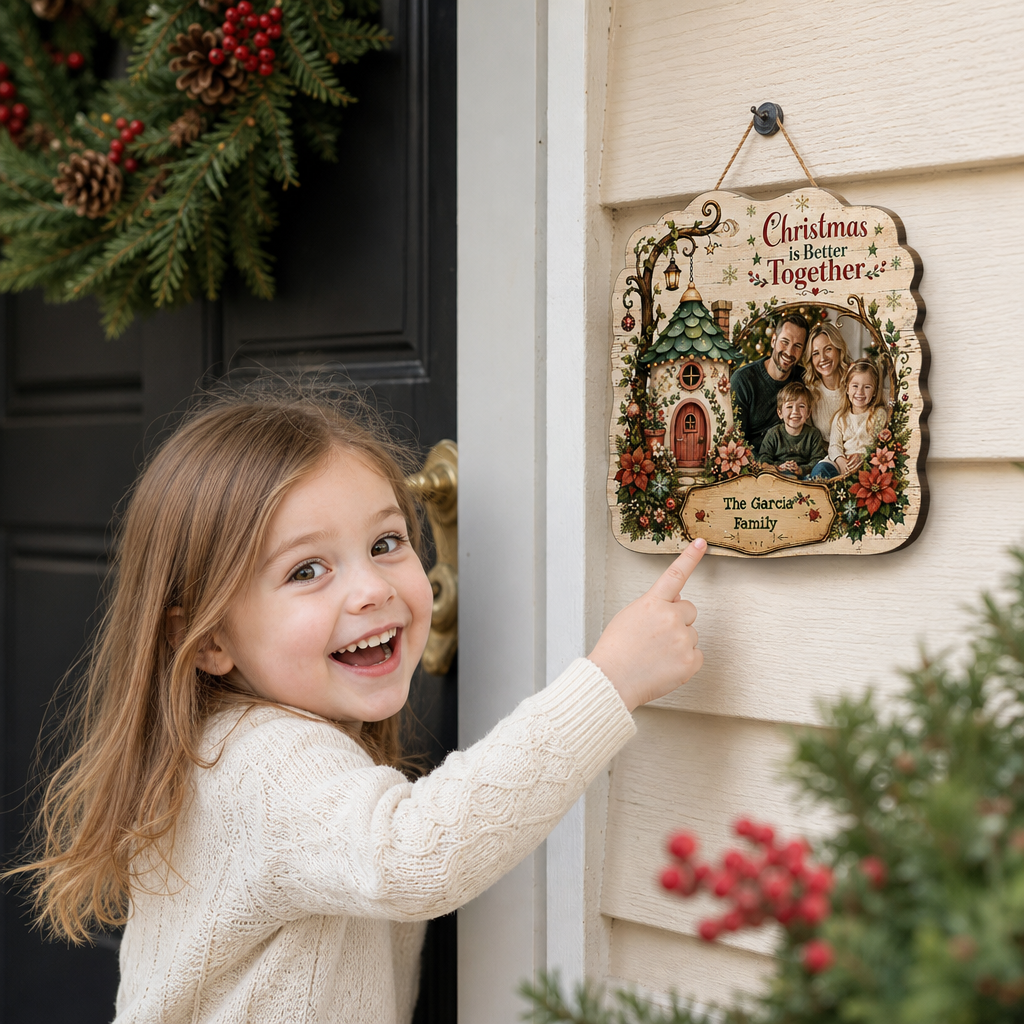 Personalized Christmas Is Better Together Custom Shape Wood Sign, Custom Family Photo Name Fairy Cottage Wooden Hanging Plaque, Festive Holiday Door & Wall Decor Family Gift