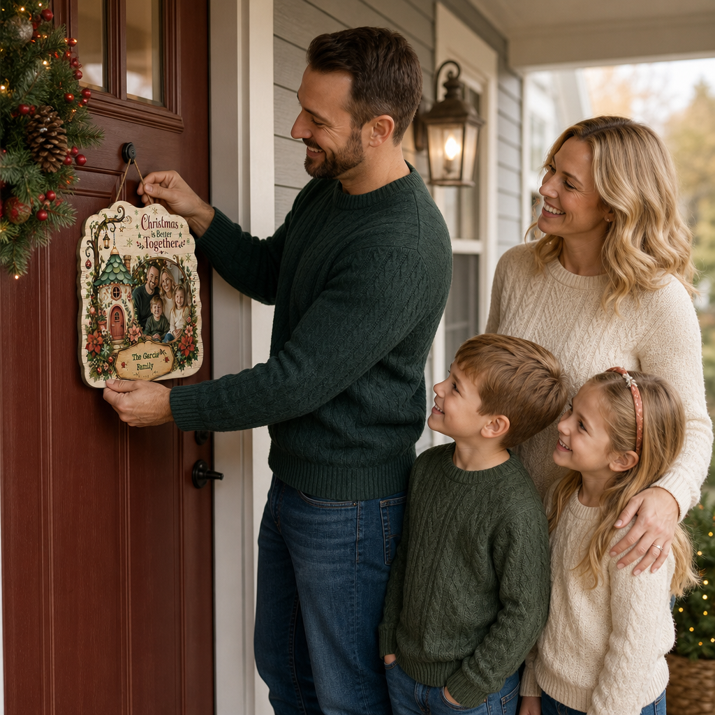 Personalized Christmas Is Better Together Custom Shape Wood Sign, Custom Family Photo Name Fairy Cottage Wooden Hanging Plaque, Festive Holiday Door & Wall Decor Family Gift