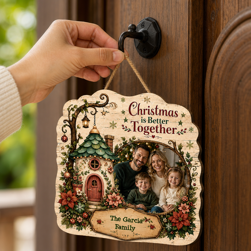 Personalized Christmas Is Better Together Custom Shape Wood Sign, Custom Family Photo Name Fairy Cottage Wooden Hanging Plaque, Festive Holiday Door & Wall Decor Family Gift