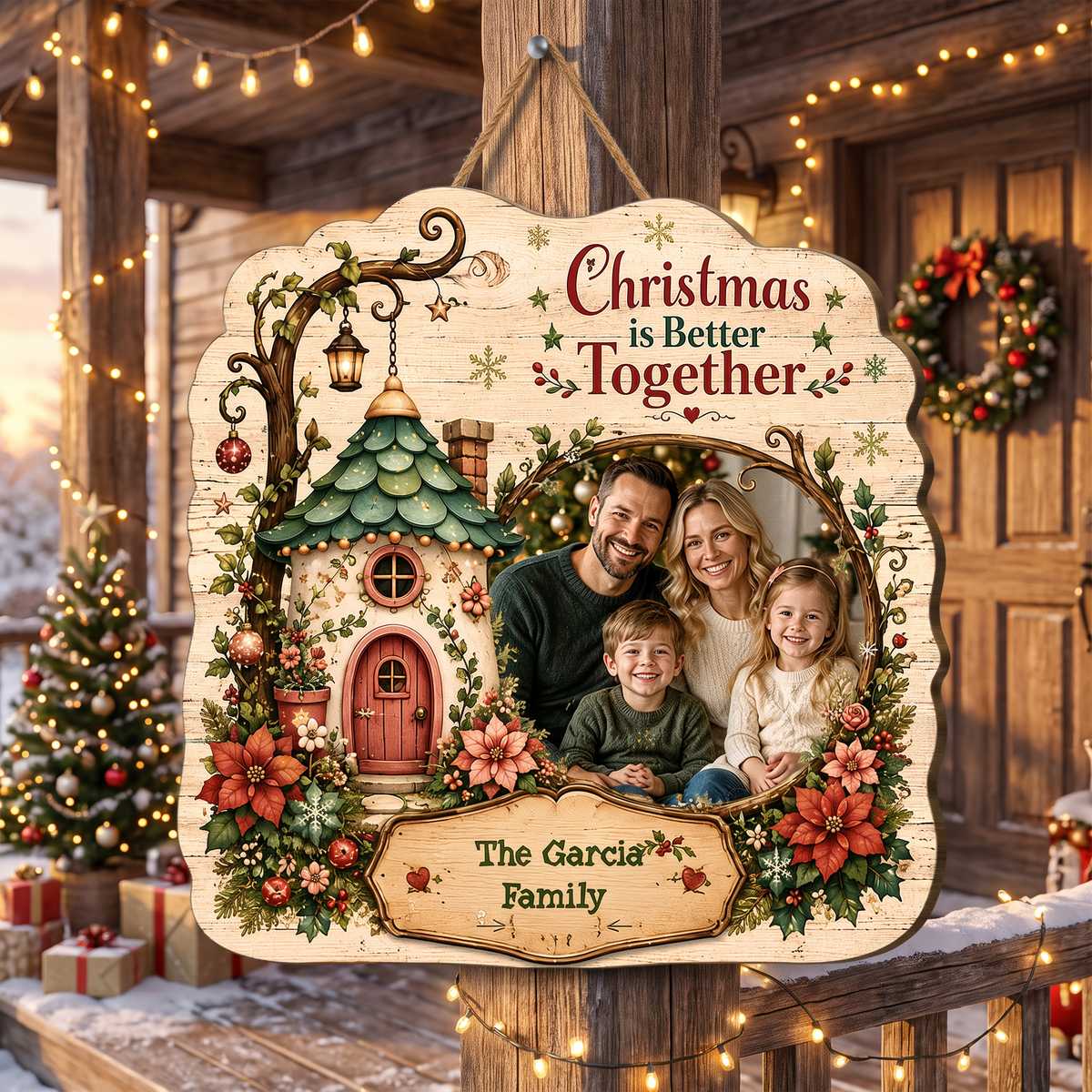 Personalized Christmas Is Better Together Custom Shape Wood Sign, Custom Family Photo Name Fairy Cottage Wooden Hanging Plaque, Festive Holiday Door & Wall Decor Family Gift