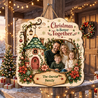 Personalized Christmas Is Better Together Custom Shape Wood Sign, Custom Family Photo Name Fairy Cottage Wooden Hanging Plaque, Festive Holiday Door & Wall Decor Family Gift
