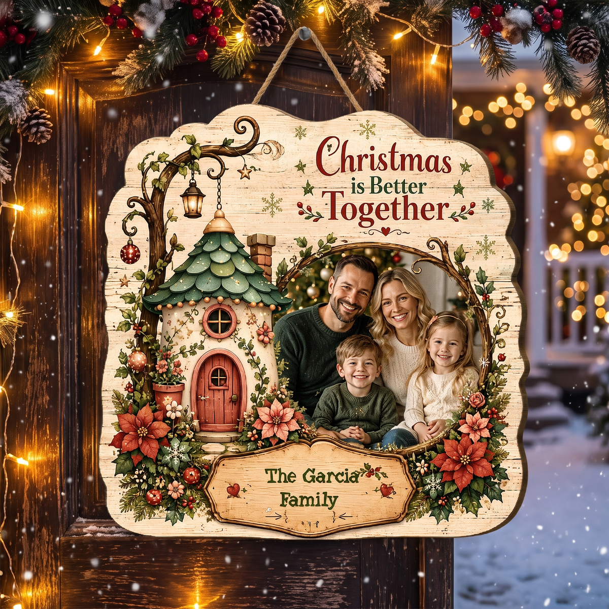 Personalized Christmas Is Better Together Custom Shape Wood Sign, Custom Family Photo Name Fairy Cottage Wooden Hanging Plaque, Festive Holiday Door & Wall Decor Family Gift