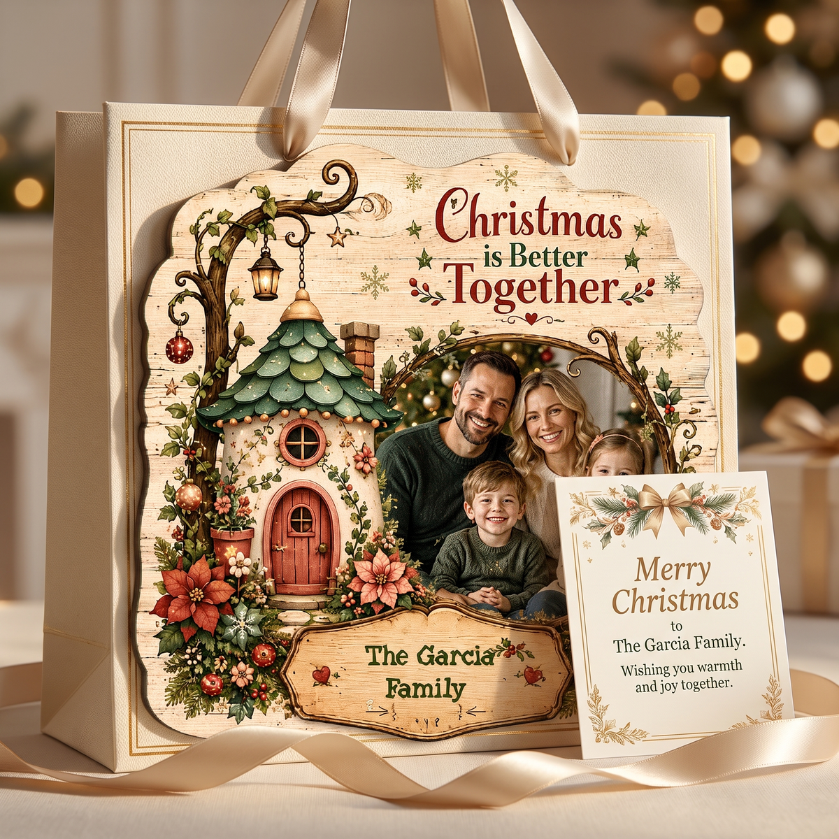 Personalized Christmas Is Better Together Custom Shape Wood Sign, Custom Family Photo Name Fairy Cottage Wooden Hanging Plaque, Festive Holiday Door & Wall Decor Family Gift