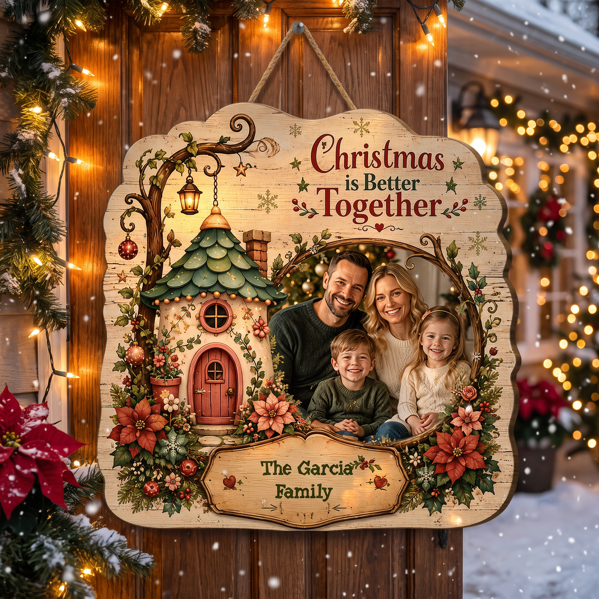 Personalized Christmas Is Better Together Custom Shape Wood Sign, Custom Family Photo Name Fairy Cottage Wooden Hanging Plaque, Festive Holiday Door & Wall Decor Family Gift