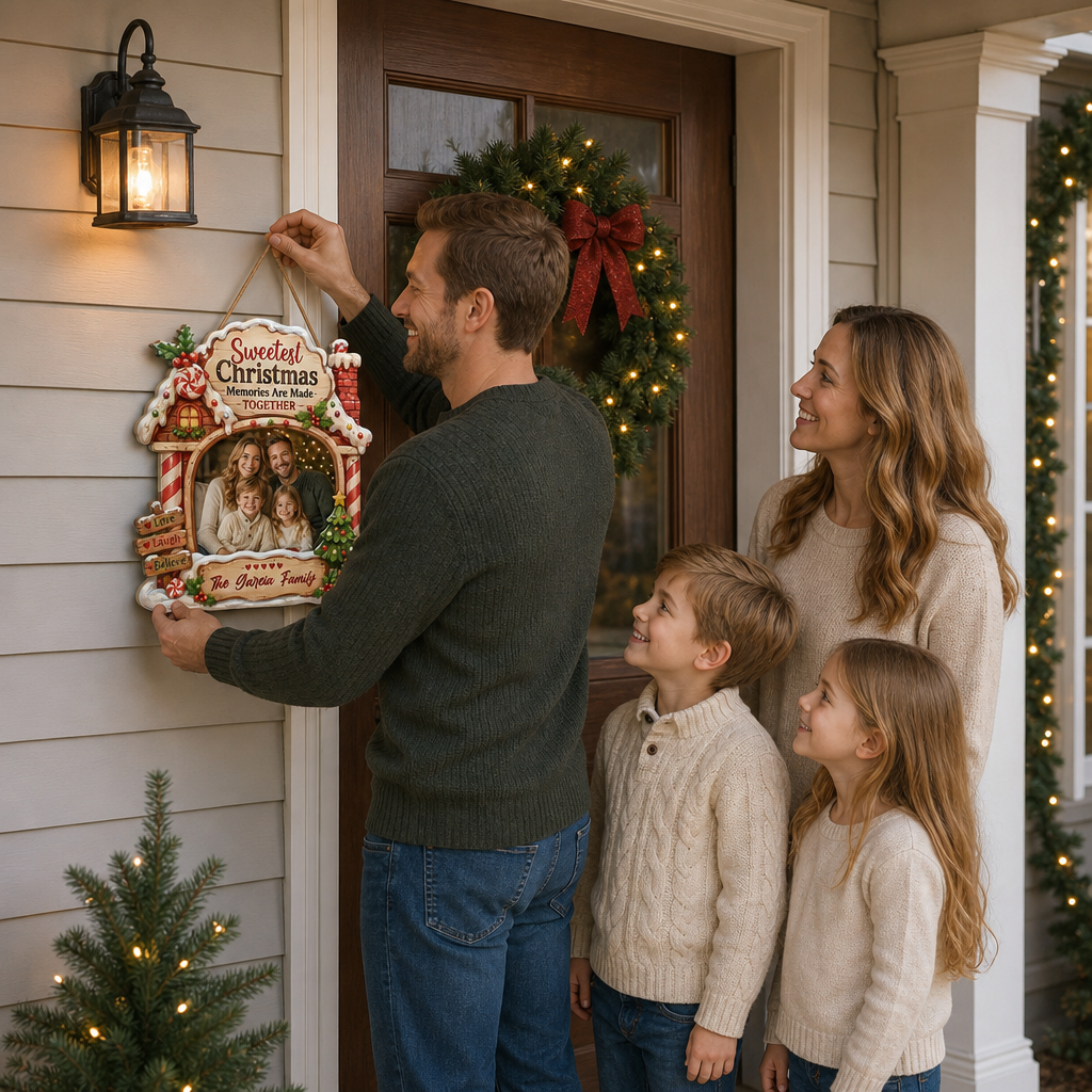 Personalized Sweetest Christmas Memories Photo Custom Shape Wood Sign, Custom Family Picture Name Gingerbread House Wooden Hanging Plaque, Festive Holiday Door & Wall Decor Family Gift