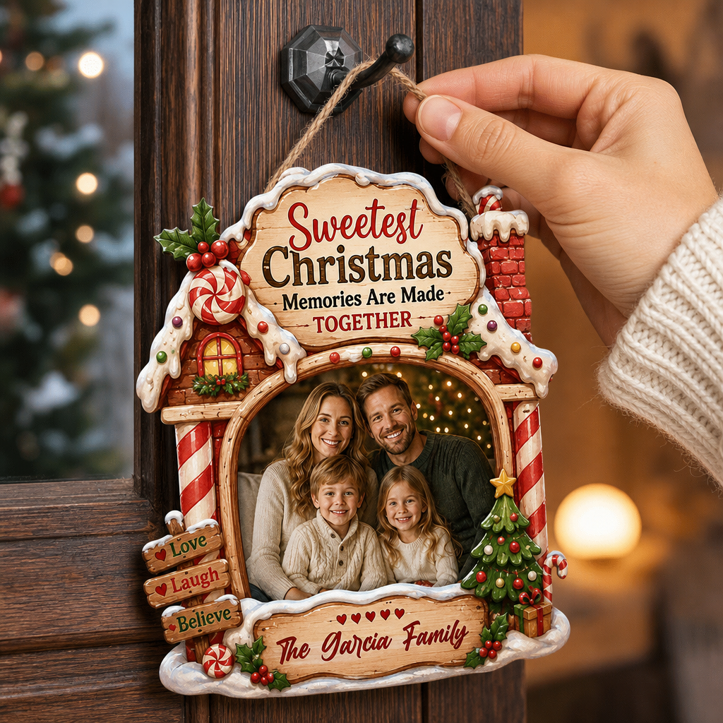 Personalized Sweetest Christmas Memories Photo Custom Shape Wood Sign, Custom Family Picture Name Gingerbread House Wooden Hanging Plaque, Festive Holiday Door & Wall Decor Family Gift