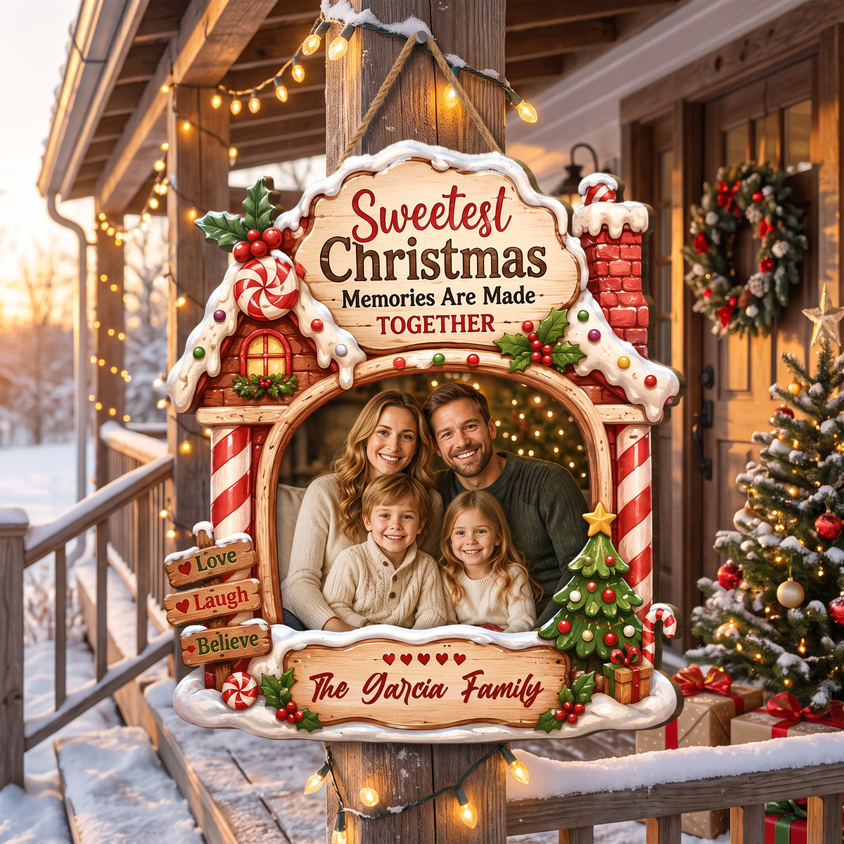 Personalized Sweetest Christmas Memories Photo Custom Shape Wood Sign, Custom Family Picture Name Gingerbread House Wooden Hanging Plaque, Festive Holiday Door & Wall Decor Family Gift