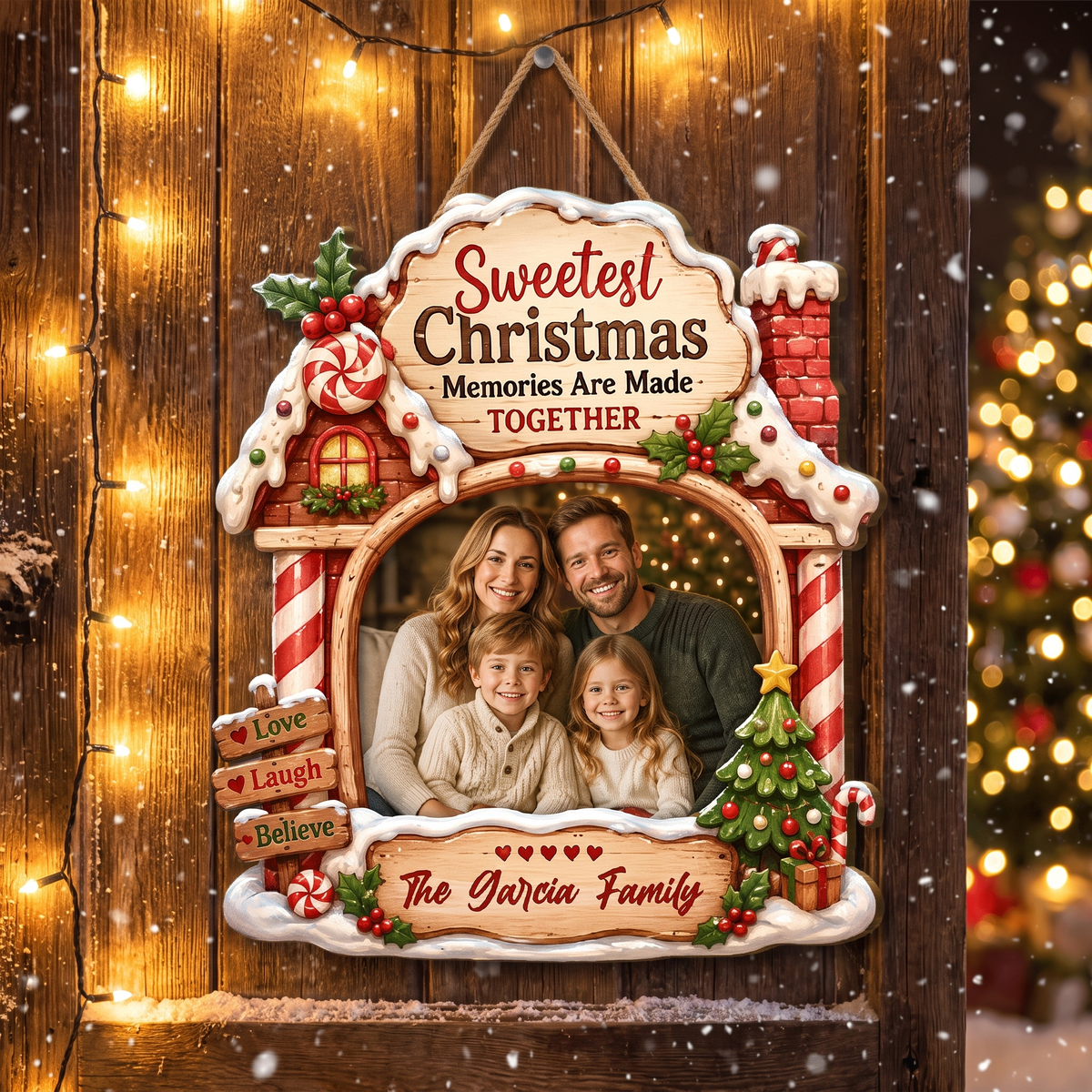 Personalized Sweetest Christmas Memories Photo Custom Shape Wood Sign, Custom Family Picture Name Gingerbread House Wooden Hanging Plaque, Festive Holiday Door & Wall Decor Family Gift