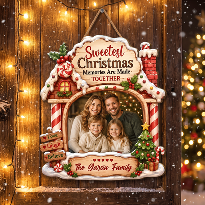 Personalized Sweetest Christmas Memories Photo Custom Shape Wood Sign, Custom Family Picture Name Gingerbread House Wooden Hanging Plaque, Festive Holiday Door & Wall Decor Family Gift