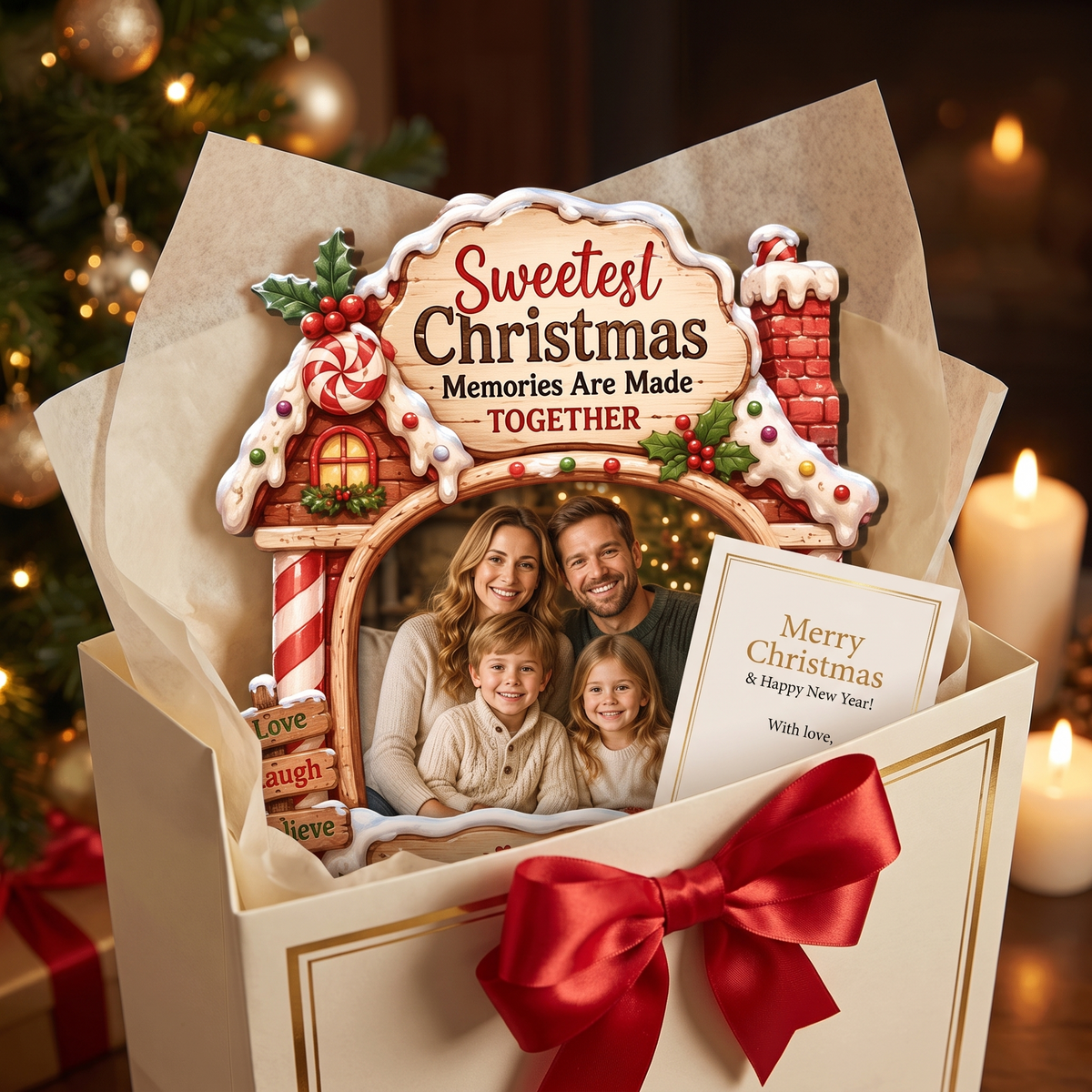 Personalized Sweetest Christmas Memories Photo Custom Shape Wood Sign, Custom Family Picture Name Gingerbread House Wooden Hanging Plaque, Festive Holiday Door & Wall Decor Family Gift