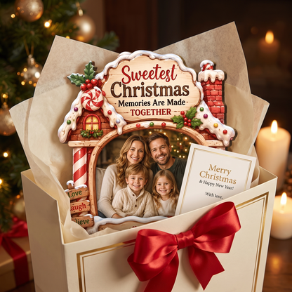 Personalized Sweetest Christmas Memories Photo Custom Shape Wood Sign, Custom Family Picture Name Gingerbread House Wooden Hanging Plaque, Festive Holiday Door & Wall Decor Family Gift