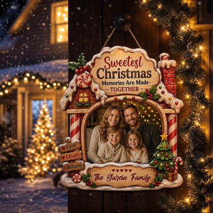 Personalized Sweetest Christmas Memories Photo Custom Shape Wood Sign, Custom Family Picture Name Gingerbread House Wooden Hanging Plaque, Festive Holiday Door & Wall Decor Family Gift