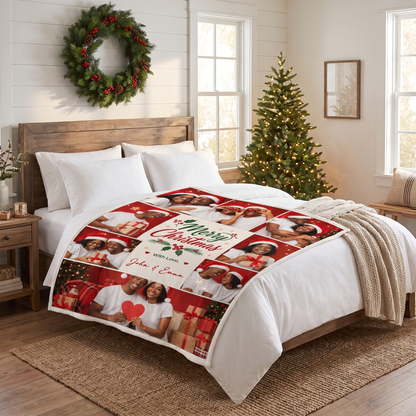 Personalized Merry Christmas Photo Collage Blanket, Custom Family Holiday Picture Fleece Throw Blanket, Christmas Gifts for Couples & Family