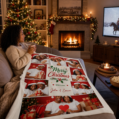 Personalized Merry Christmas Photo Collage Blanket, Custom Family Holiday Picture Fleece Throw Blanket, Christmas Gifts for Couples & Family