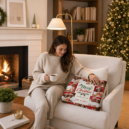 Personalized Merry Christmas Photo Collage Blanket, Custom Family Holiday Picture Fleece Throw Blanket, Christmas Gifts for Couples & Family