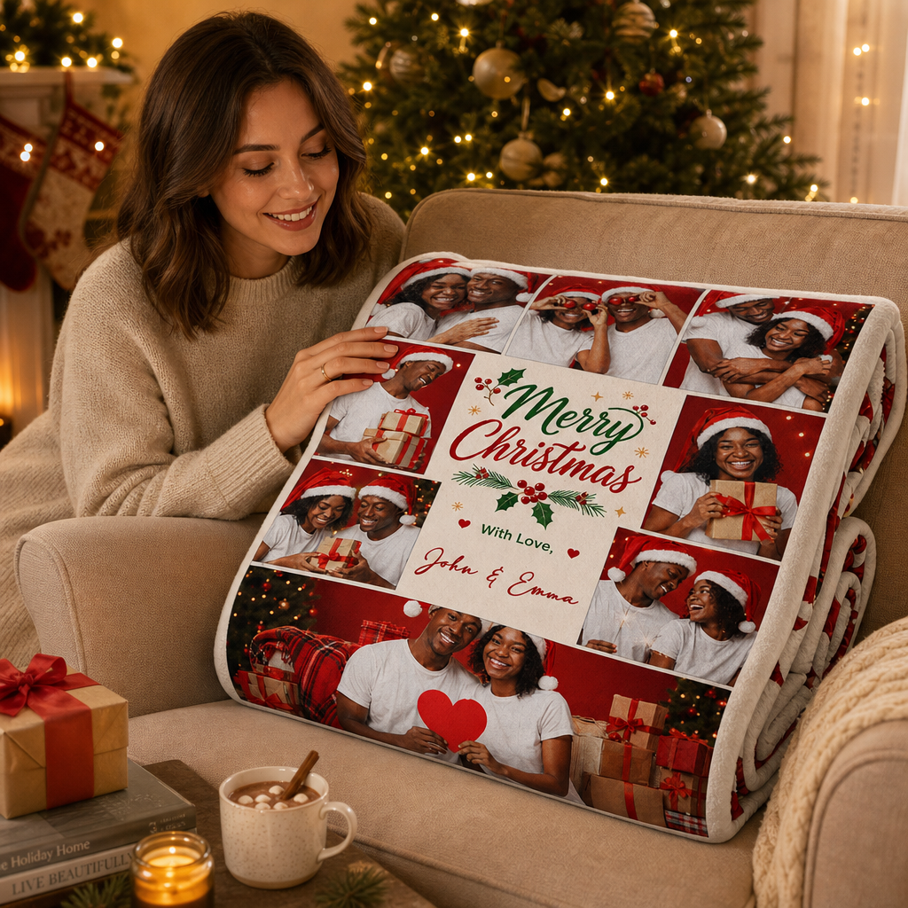 Personalized Merry Christmas Photo Collage Blanket, Custom Family Holiday Picture Fleece Throw Blanket, Christmas Gifts for Couples & Family