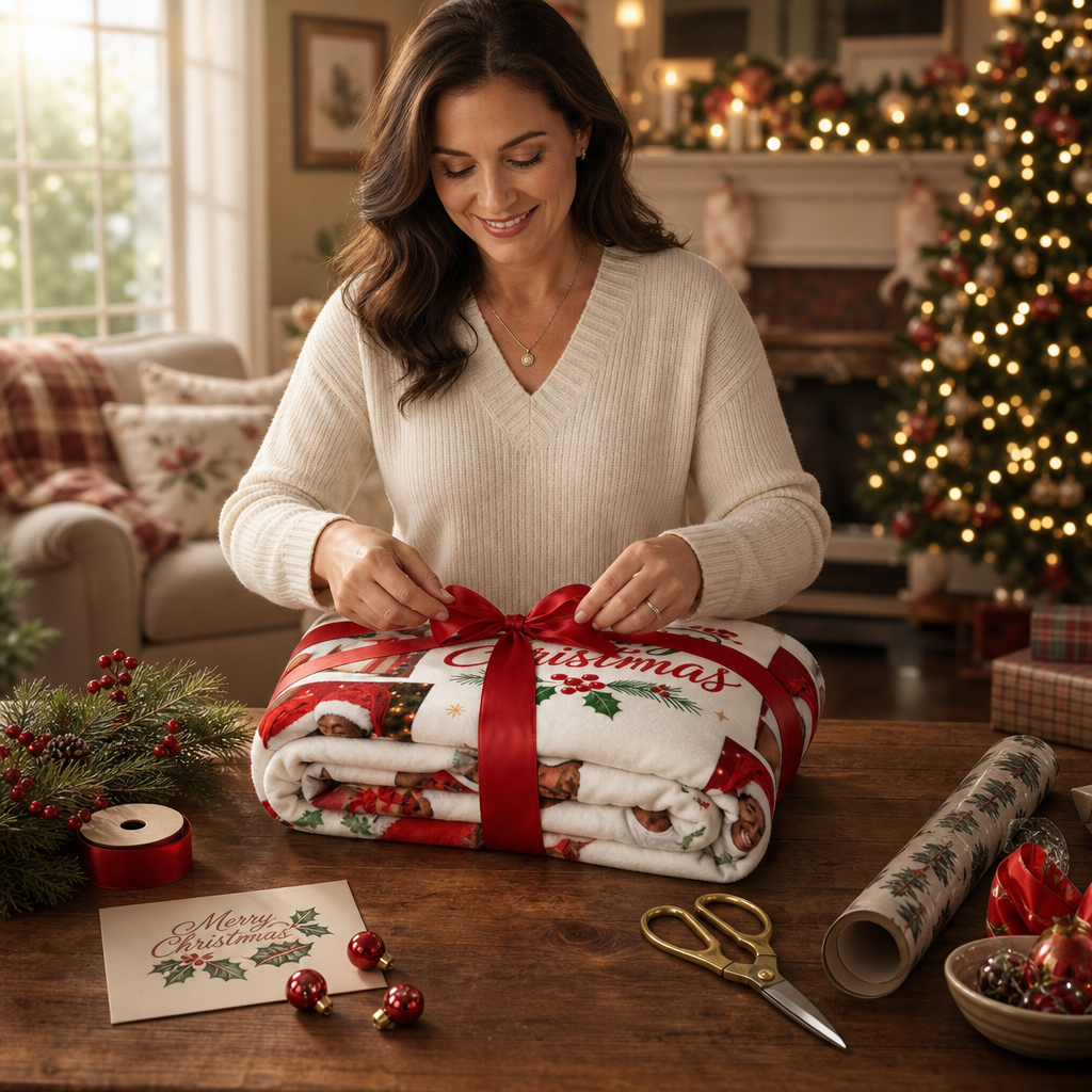Personalized Merry Christmas Photo Collage Blanket, Custom Family Holiday Picture Fleece Throw Blanket, Christmas Gifts for Couples & Family