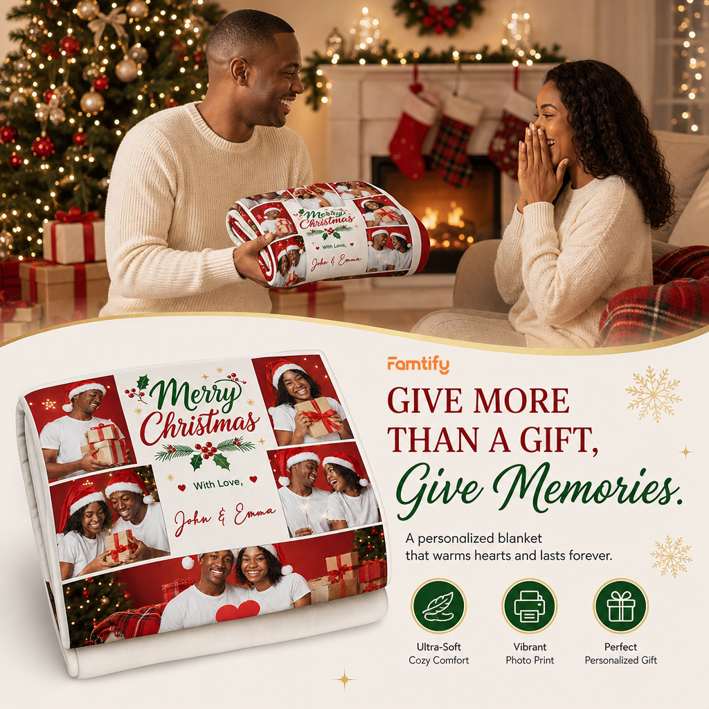 Personalized Merry Christmas Photo Collage Blanket, Custom Family Holiday Picture Fleece Throw Blanket, Christmas Gifts for Couples & Family