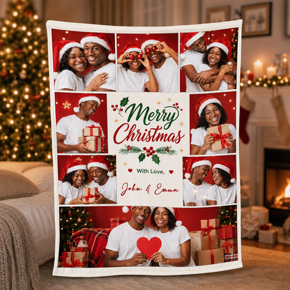 Personalized Merry Christmas Photo Collage Blanket, Custom Family Holiday Picture Fleece Throw Blanket, Christmas Gifts for Couples & Family