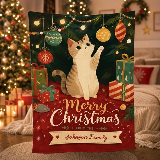 Personalized Merry Christmas Cat Blanket, Custom Family Name Cute Kitten Under Tree Holiday Fleece Throw Blanket, Cat Lovers Christmas Gift