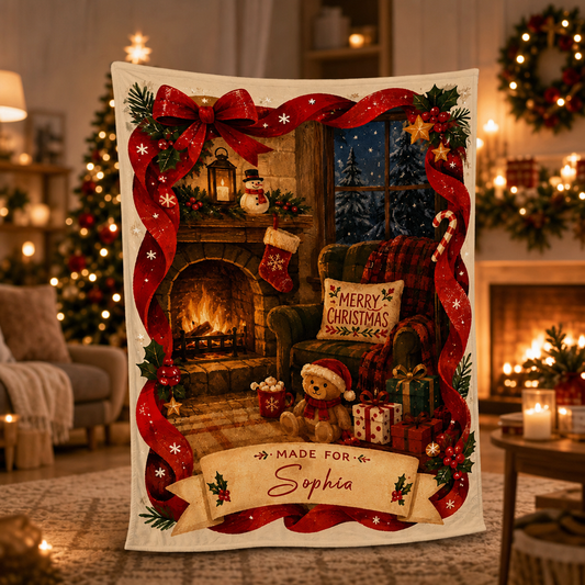 Personalized Cozy Christmas Fireplace Blanket, Custom Name Holiday Ribbon Frame Fleece Throw Blanket, Festive Christmas Gifts for Kids & Family