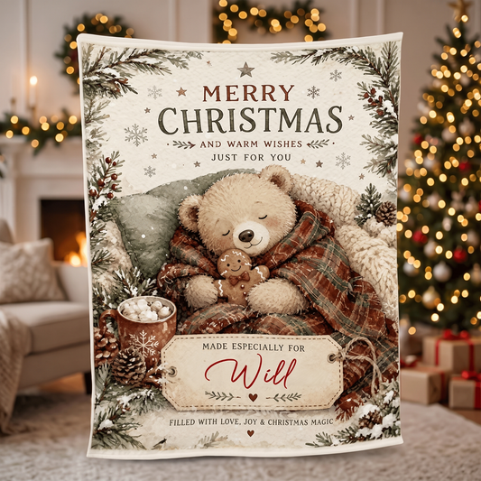 Personalized Merry Christmas Teddy Bear Blanket, Custom Name Sleeping Bear Gingerbread Holiday Fleece Throw Blanket, Cute Xmas Gifts for Kids & Family