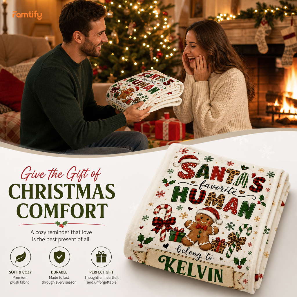 Personalized Santa's Favorite Human Belong To Custom Name Blanket, Gingerbread Man Festive Pattern Fleece Throw Blanket, Funny Christmas Gifts for Couples & Family