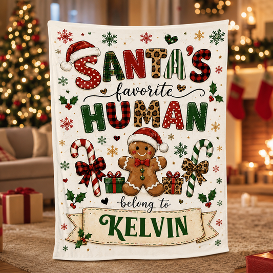 Personalized Santa's Favorite Human Belong To Custom Name Blanket, Gingerbread Man Festive Pattern Fleece Throw Blanket, Funny Christmas Gifts for Couples & Family