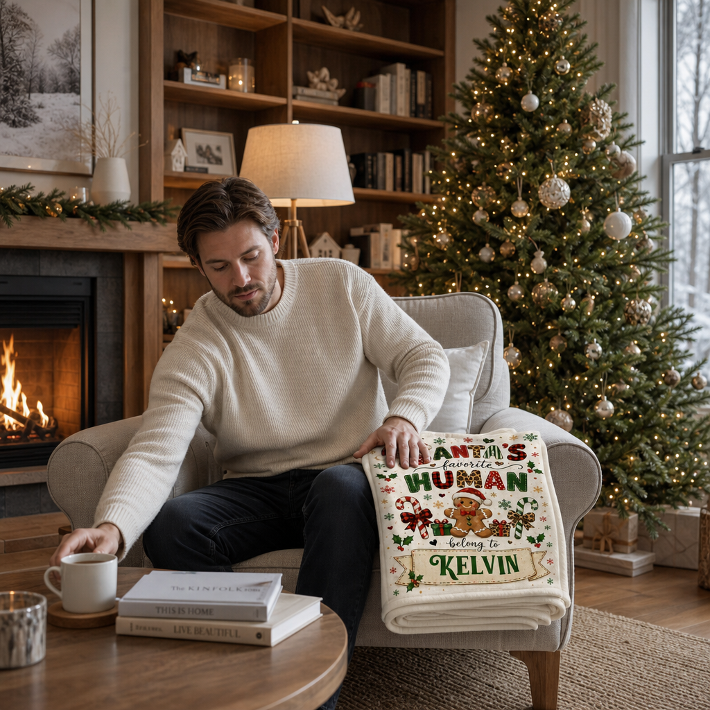 Personalized Santa's Favorite Human Belong To Custom Name Blanket, Gingerbread Man Festive Pattern Fleece Throw Blanket, Funny Christmas Gifts for Couples & Family
