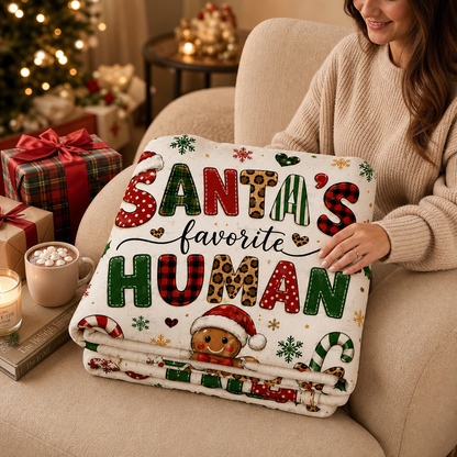 Personalized Santa's Favorite Human Belong To Custom Name Blanket, Gingerbread Man Festive Pattern Fleece Throw Blanket, Funny Christmas Gifts for Couples & Family