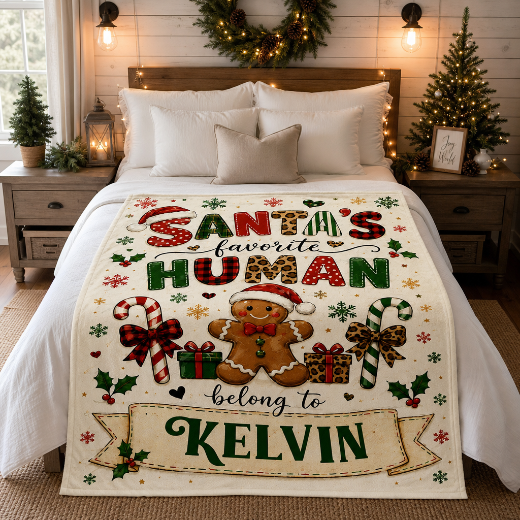 Personalized Santa's Favorite Human Belong To Custom Name Blanket, Gingerbread Man Festive Pattern Fleece Throw Blanket, Funny Christmas Gifts for Couples & Family