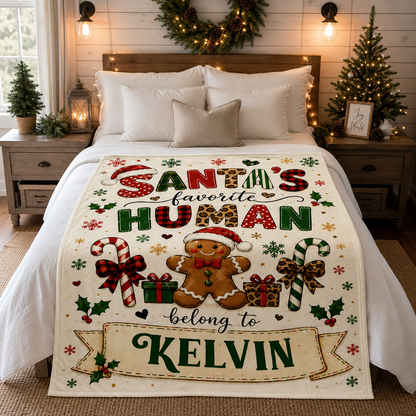Personalized Santa's Favorite Human Belong To Custom Name Blanket, Gingerbread Man Festive Pattern Fleece Throw Blanket, Funny Christmas Gifts for Couples & Family