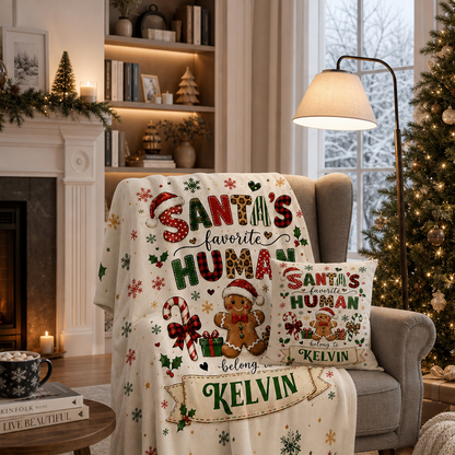 Personalized Santa's Favorite Human Belong To Custom Name Blanket, Gingerbread Man Festive Pattern Fleece Throw Blanket, Funny Christmas Gifts for Couples & Family