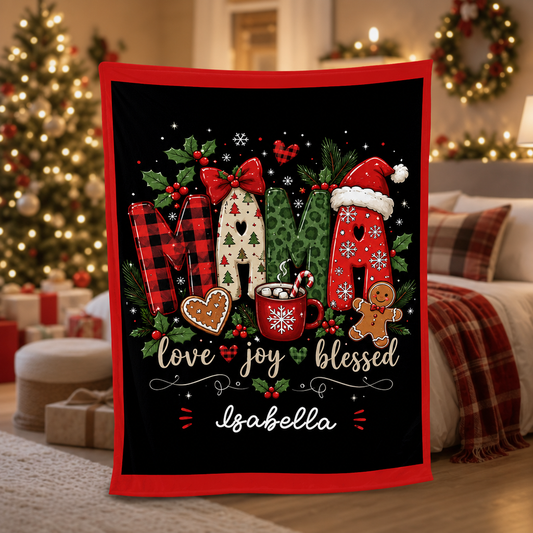 Personalized MAMA Christmas Blanket, Custom Name Christmas Fleece Blanket for Mom, Cozy Holiday Throw Blanket Keepsake Gift