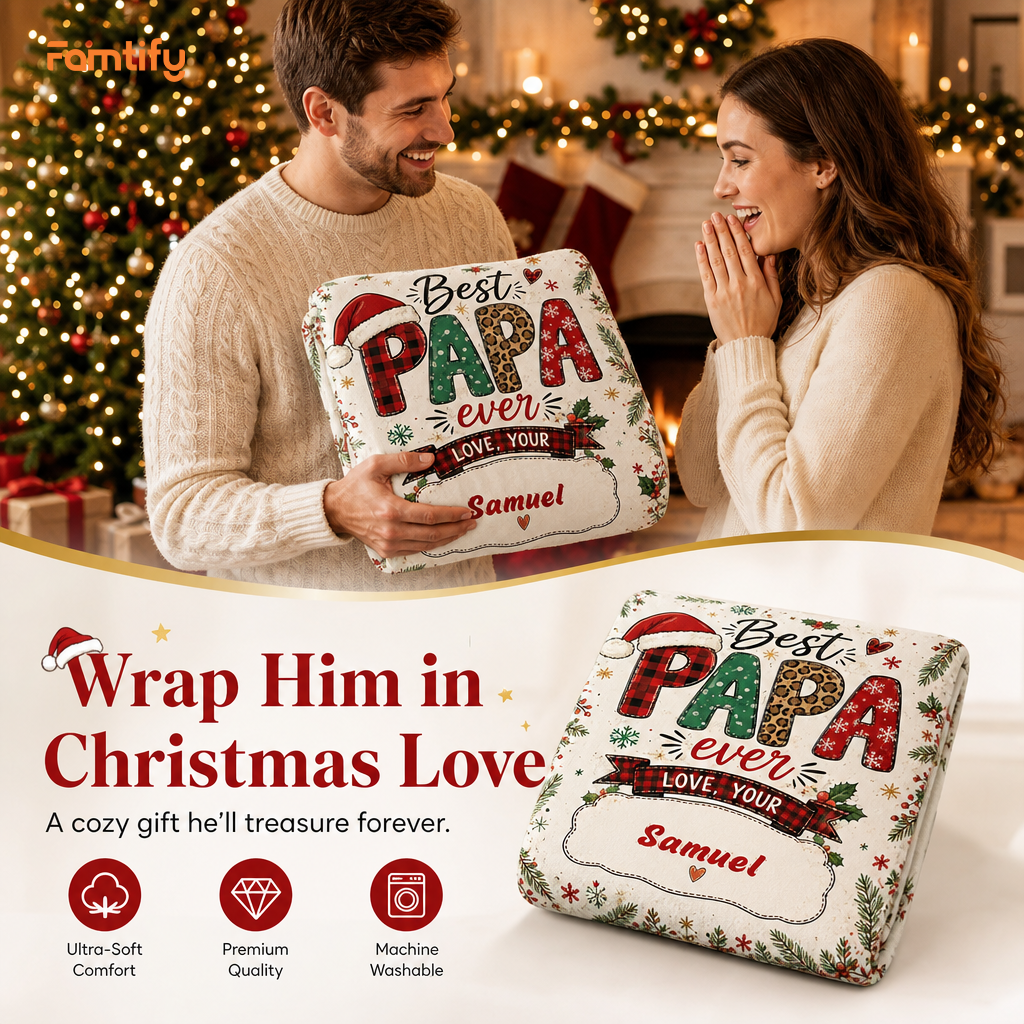 Personalized Best PAPA Ever Christmas Blanket, Custom Name Holiday Fleece Blanket for Grandpa Dad, Cozy Xmas Throw Keepsake Gift