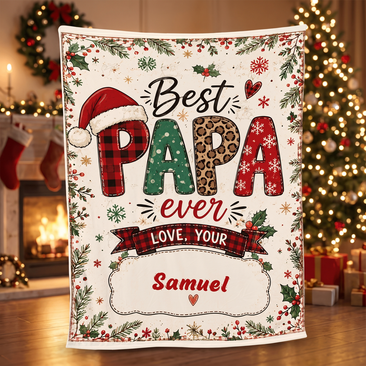 Personalized Best PAPA Ever Christmas Blanket, Custom Name Holiday Fleece Blanket for Grandpa Dad, Cozy Xmas Throw Keepsake Gift