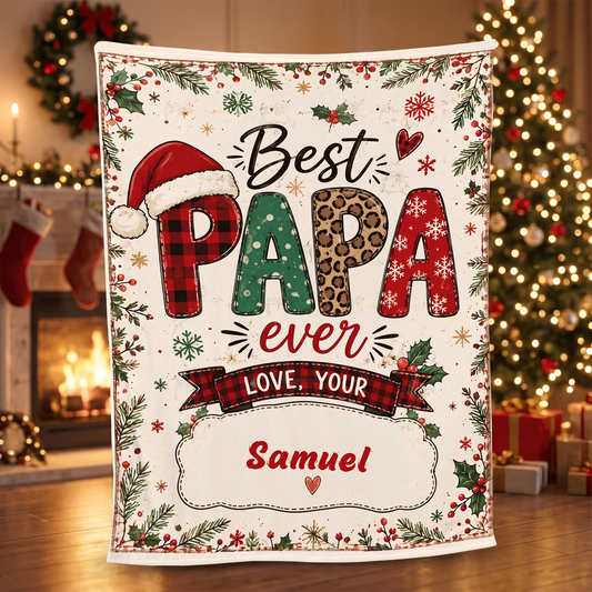 Personalized Best PAPA Ever Christmas Blanket, Custom Name Holiday Fleece Blanket for Grandpa Dad, Cozy Xmas Throw Keepsake Gift