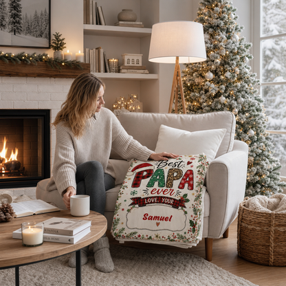Personalized Best PAPA Ever Christmas Blanket, Custom Name Buffalo Plaid Leopard Grandpa Xmas Fleece Blanket, Cozy Holiday Keepsake Gift for Dad Grandpa Papa