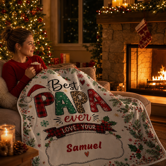 Personalized Best PAPA Ever Christmas Blanket, Custom Name Buffalo Plaid Leopard Grandpa Xmas Fleece Blanket, Cozy Holiday Keepsake Gift for Dad Grandpa Papa