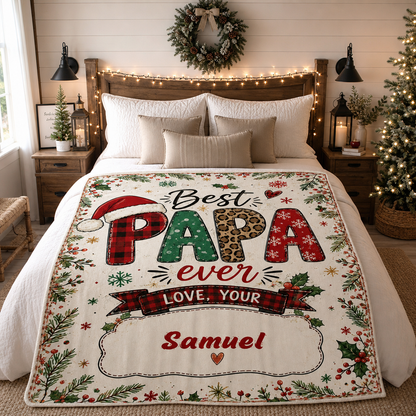 Personalized Best PAPA Ever Christmas Blanket, Custom Name Buffalo Plaid Leopard Grandpa Xmas Fleece Blanket, Cozy Holiday Keepsake Gift for Dad Grandpa Papa