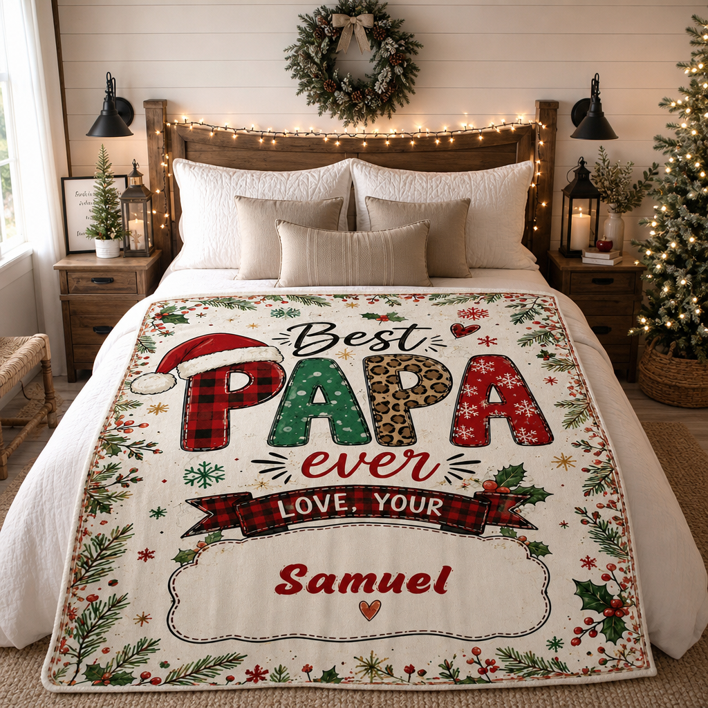 Personalized Best PAPA Ever Christmas Blanket, Custom Name Holiday Fleece Blanket for Grandpa Dad, Cozy Xmas Throw Keepsake Gift